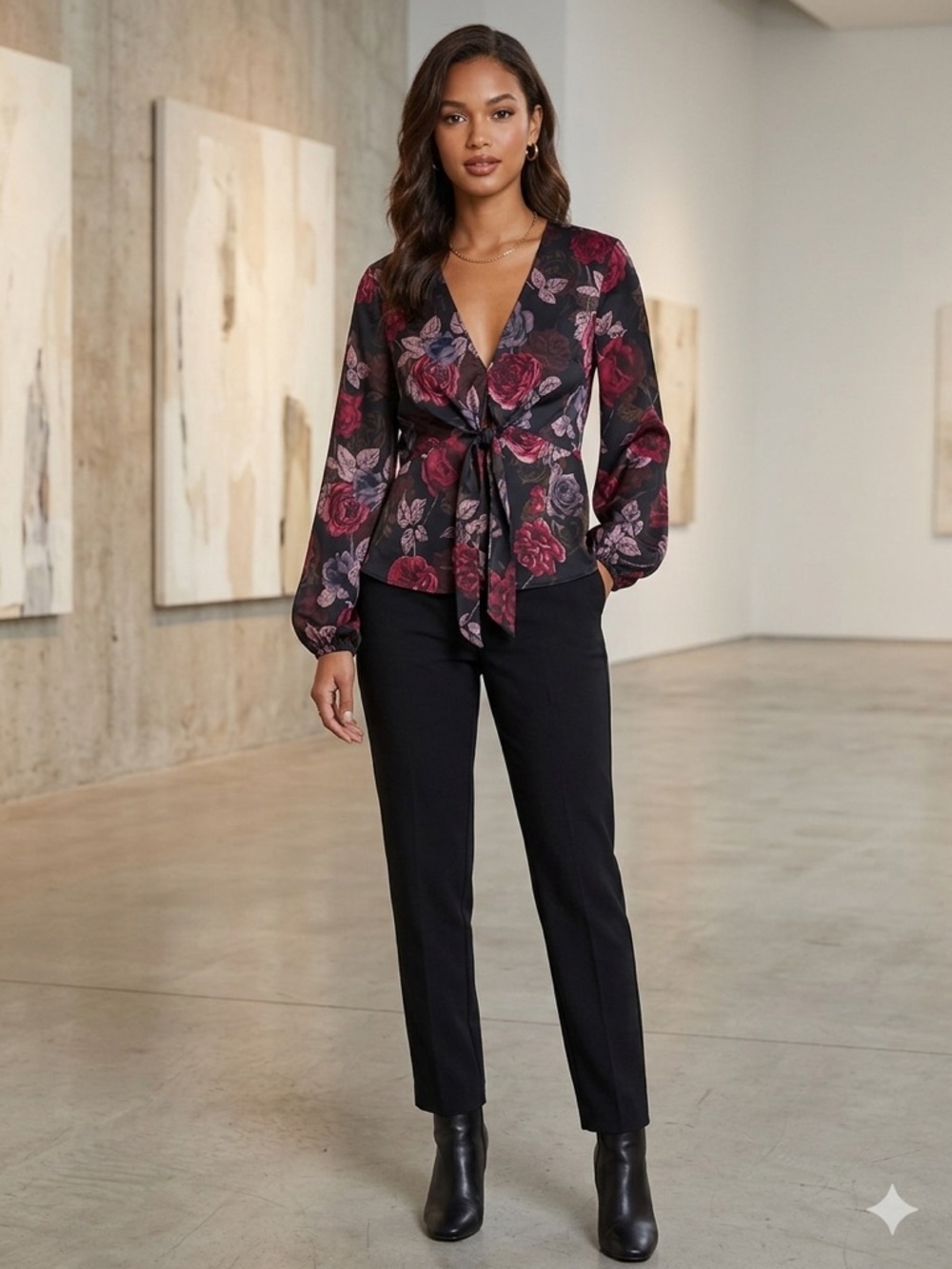 Floral Tie-Front Blouse and Black With Roses